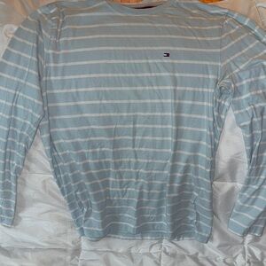 Tommy Hilfiger Men's Light Blue and White Striped Long Sleeve Tee